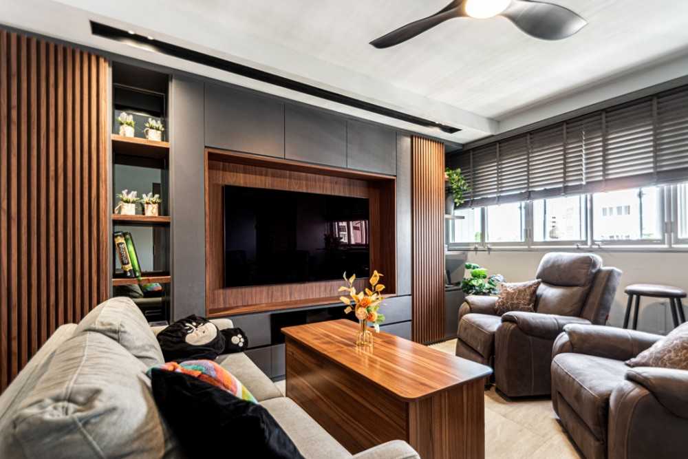 Contemporary Living Room with Feature Wall and Ceiling Light