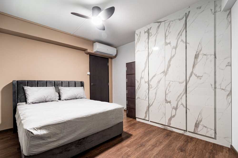 Modern Bedroom with Feature Wall and Ceiling Light