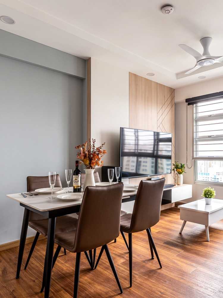 Scandinavian Dining Room with Vinyl Flooring and Feature Wall