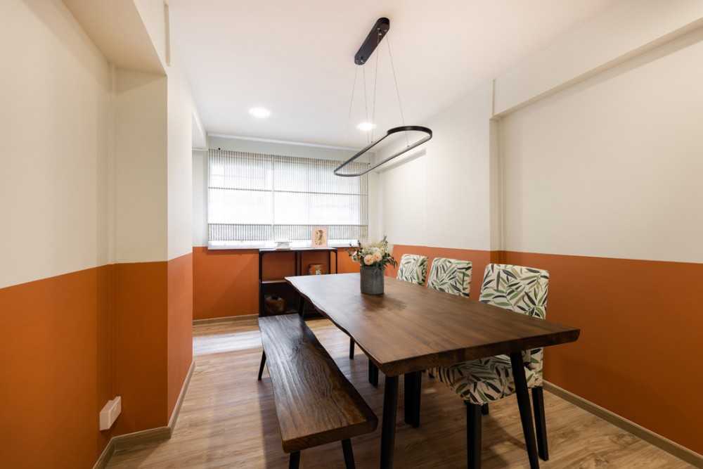 Scandinavian Dining Room with Vinyl Flooring and Feature Wall