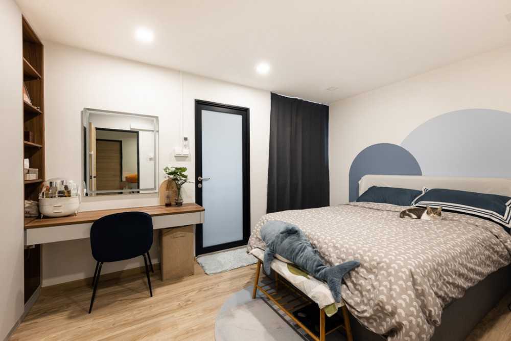 Scandinavian Bedroom with Vinyl Flooring and Feature Wall