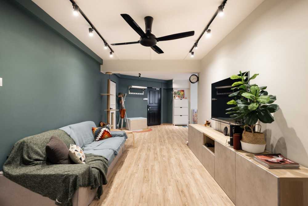 Scandinavian Living Room with Vinyl Flooring and TV Console