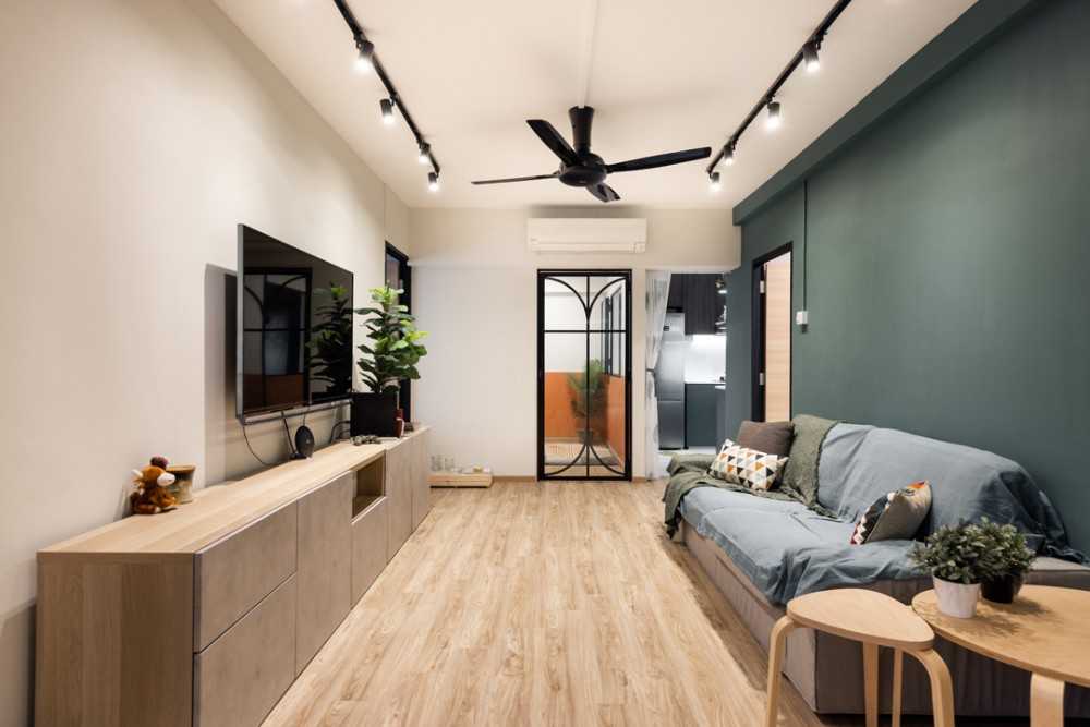 Scandinavian Living Room with Vinyl Flooring and TV Console