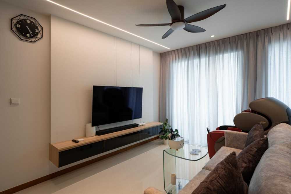 Modern Living Room with Homogeneous Tiles and TV Console