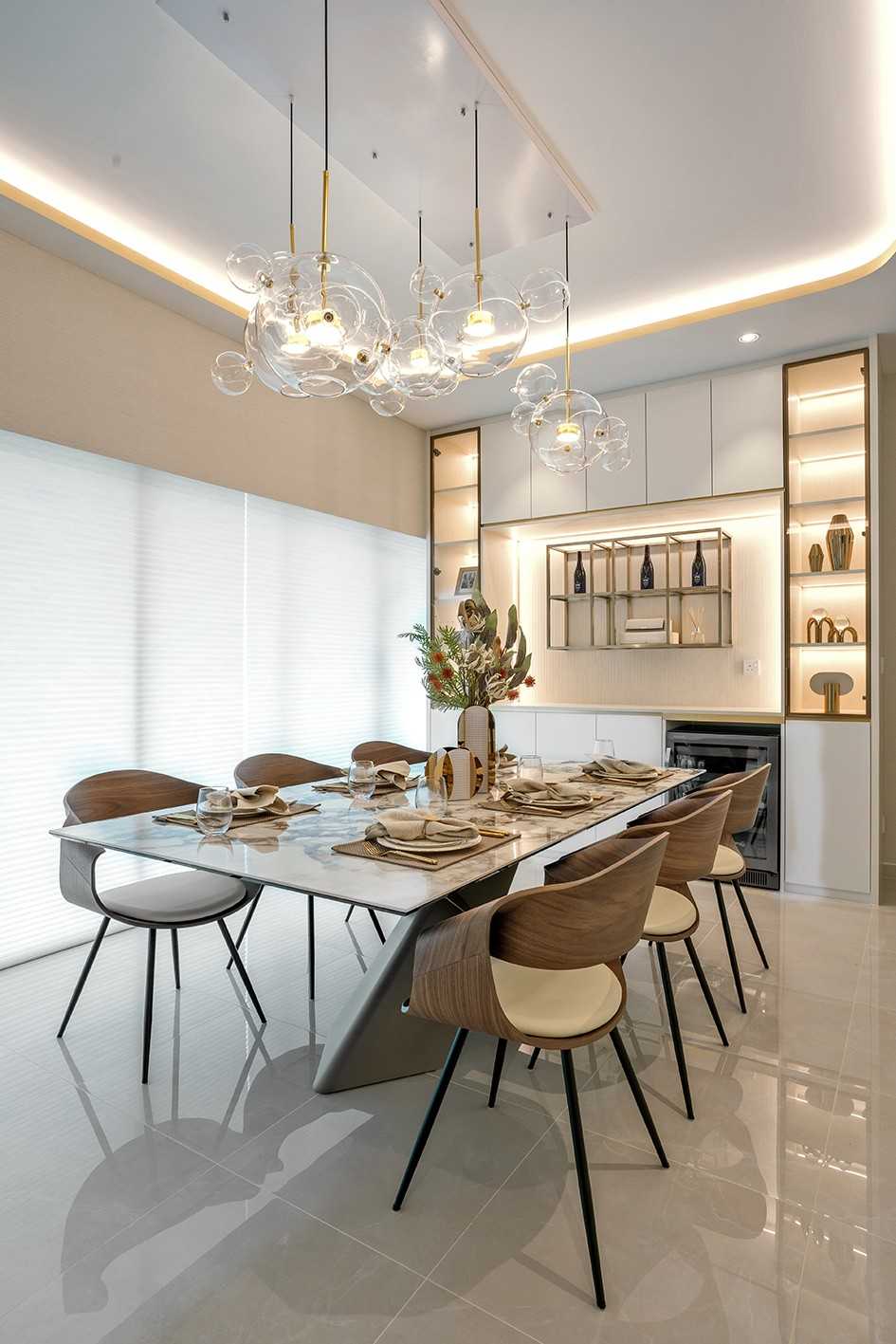 Minimalist Dining Room with Feature Wall and Chandelier