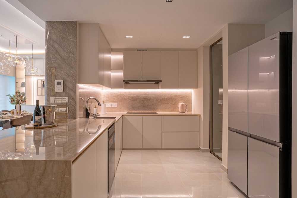 Minimalist Kitchen with Countertop and Marble Floor
