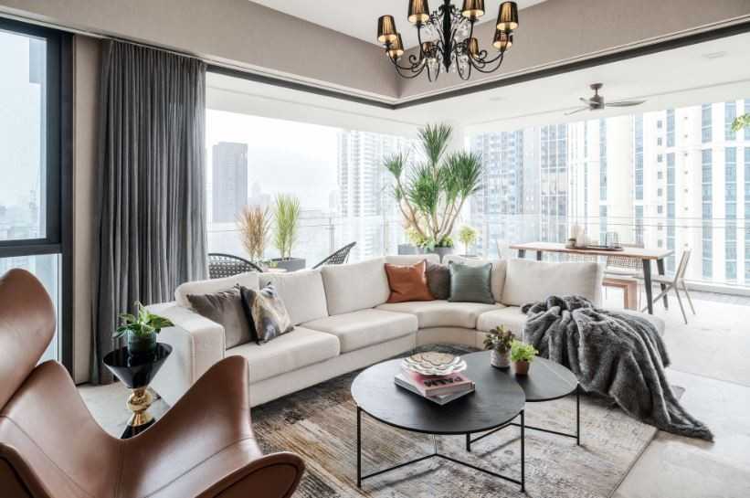 Contemporary Living Room with Drop Light and Sofa