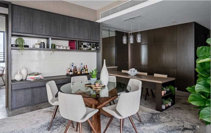 Contemporary Dining Room with Drop Light and Dining Table