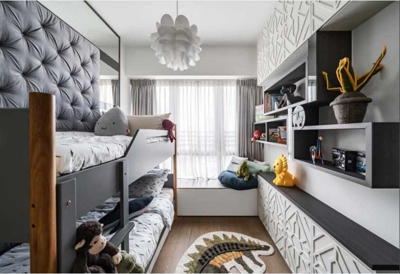 Contemporary Kids Room with Bookshelf and Children's Beds