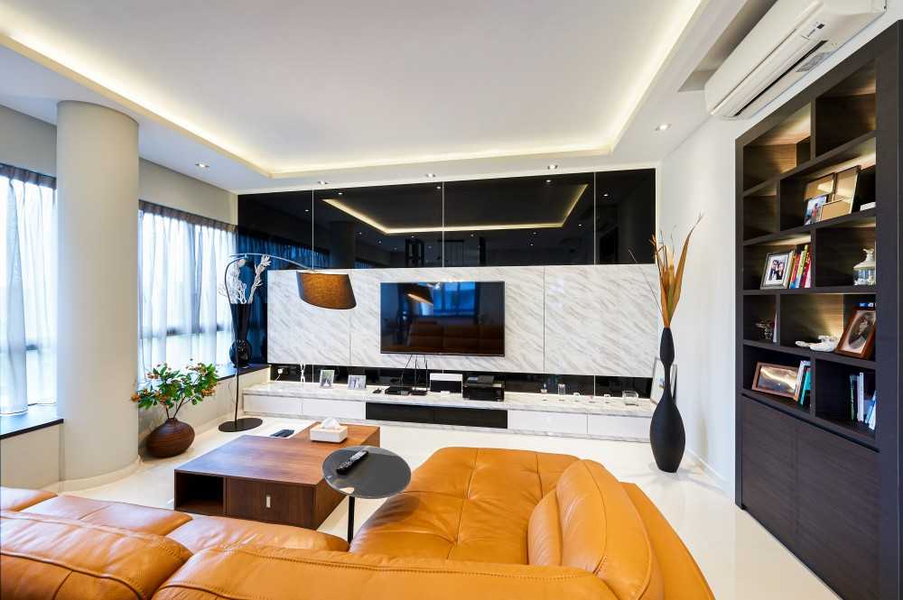 Contemporary Living Room with Bookshelf and Homogeneous Tiles