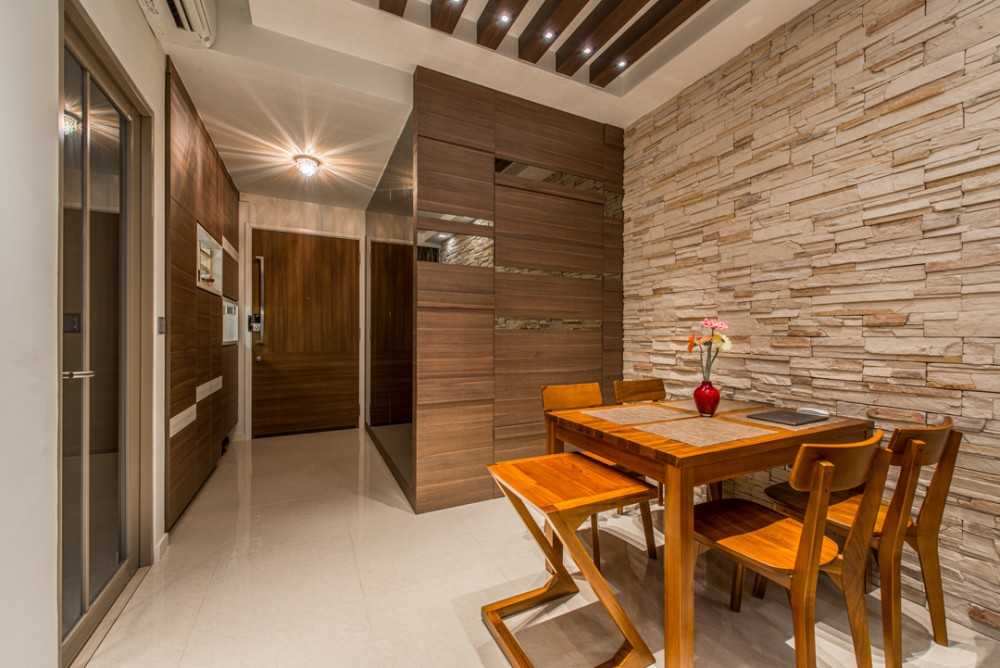 Contemporary Dining Room with Feature Wall and Mirror