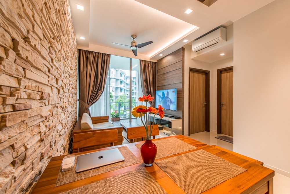 Contemporary Dining Room with Feature Wall and Cove Lighting