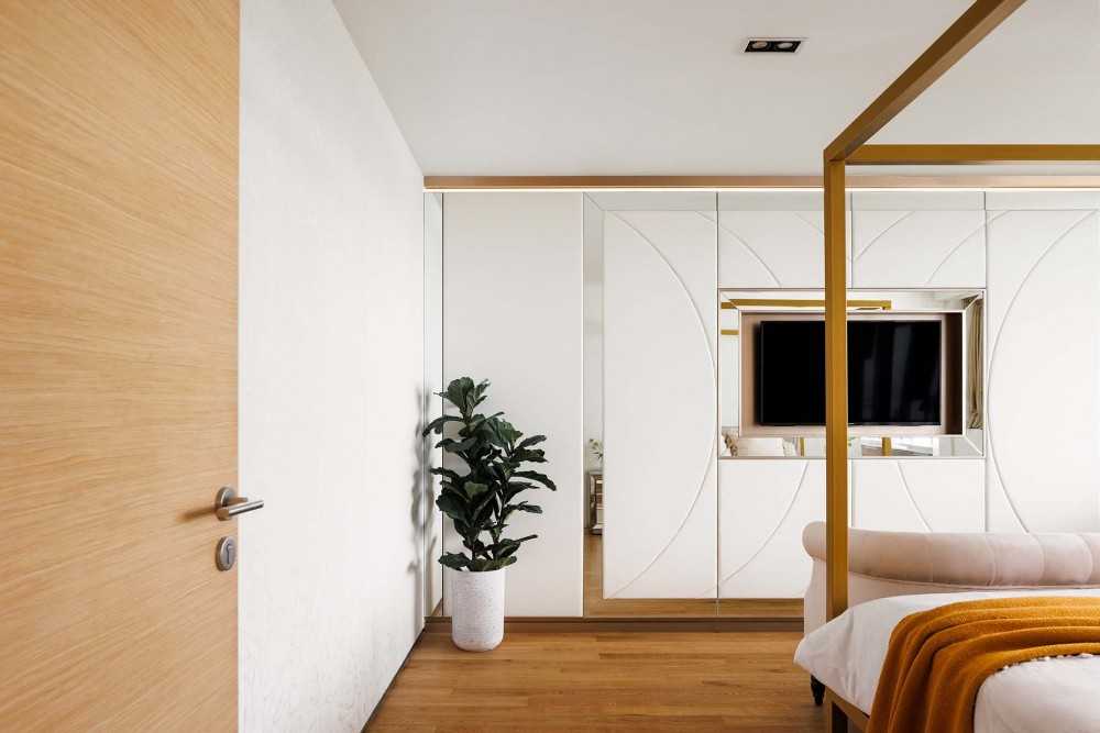 Contemporary Bedroom with Parquet Floor and Cove Lighting