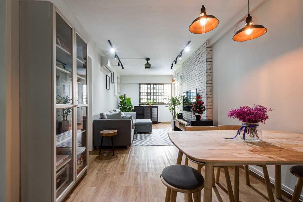Minimalist Dining Room with Ceiling Fan and Sofa