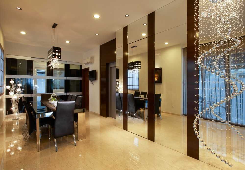 Contemporary Dining Room with Mirror and Downlights