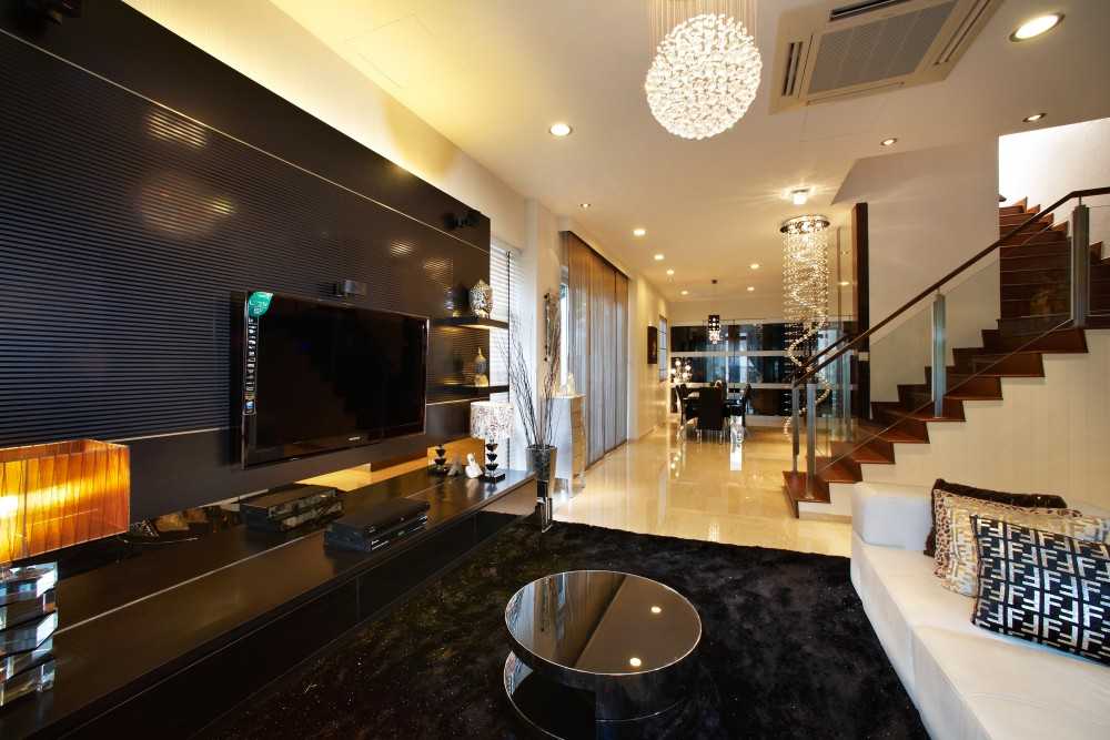 Contemporary Living Room with Homogeneous Tiles and TV Console