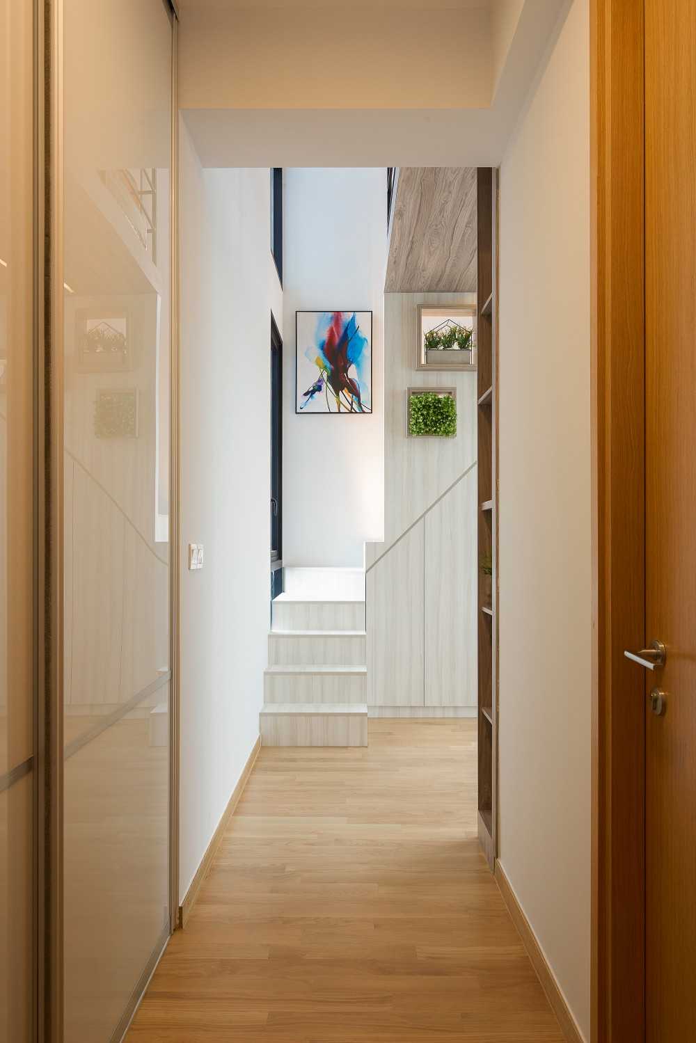 Modern Bedroom with Staircase and Paintings