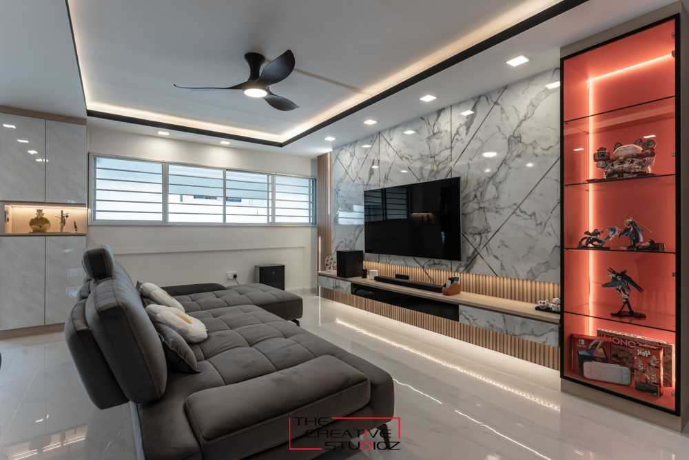 Modern Living Room with Homogeneous Tiles and TV Console