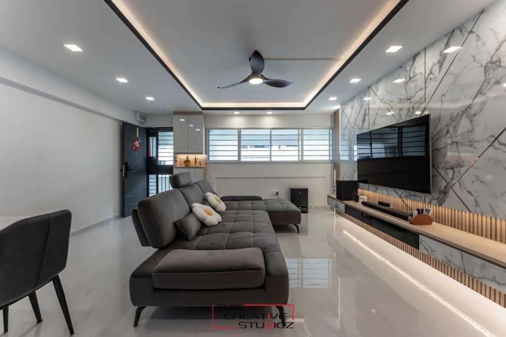 Modern Living Room with Homogeneous Tiles and TV Console