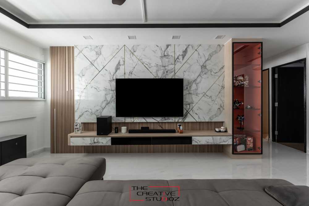 Modern Living Room with Homogeneous Tiles and TV Console
