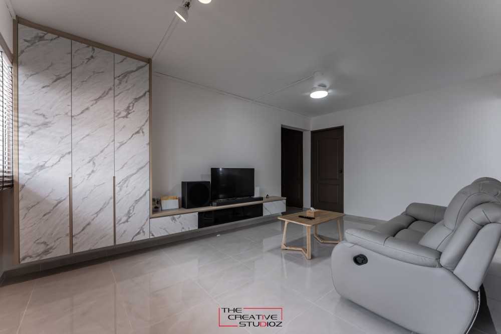 Scandinavian Living Room with Homogeneous Tiles and TV Console