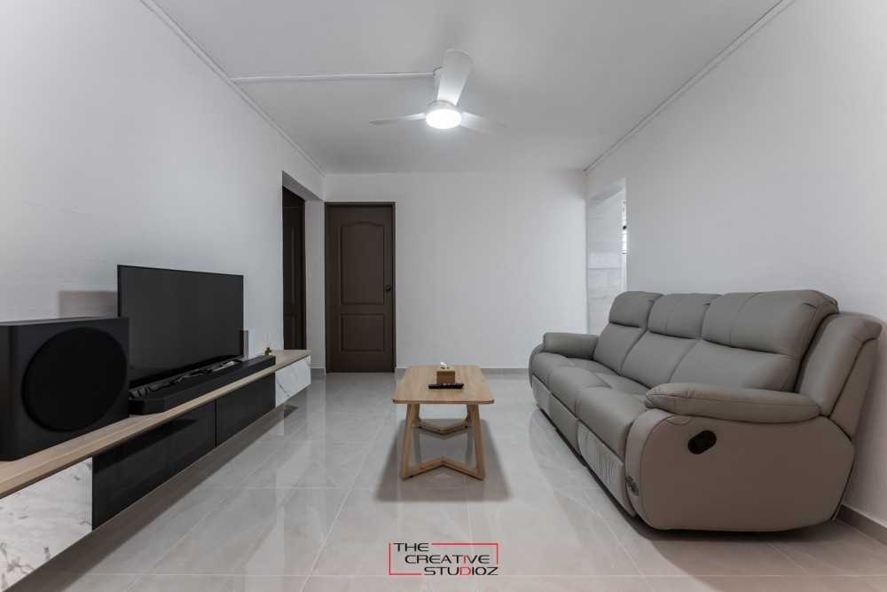 Scandinavian Living Room with Homogeneous Tiles and TV Console