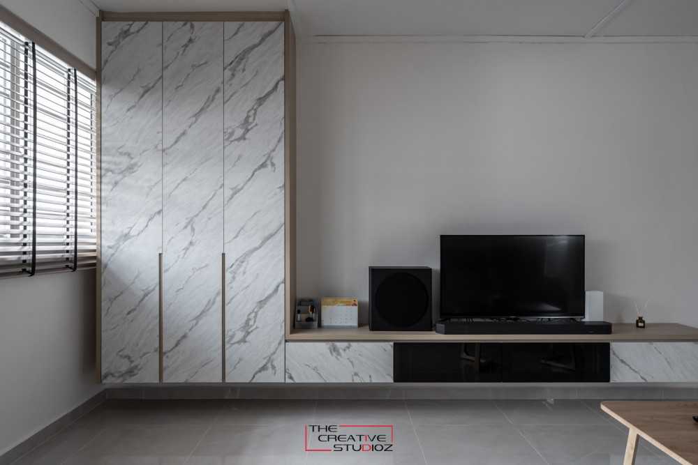 Scandinavian Living Room with Homogeneous Tiles and TV Console
