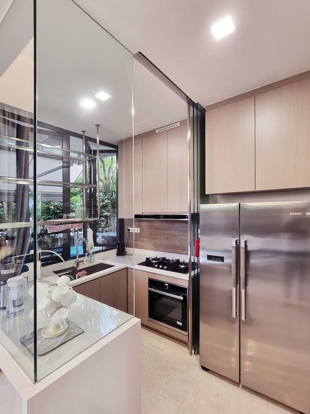 Modern Kitchen with Kitchen Window and Glass Door