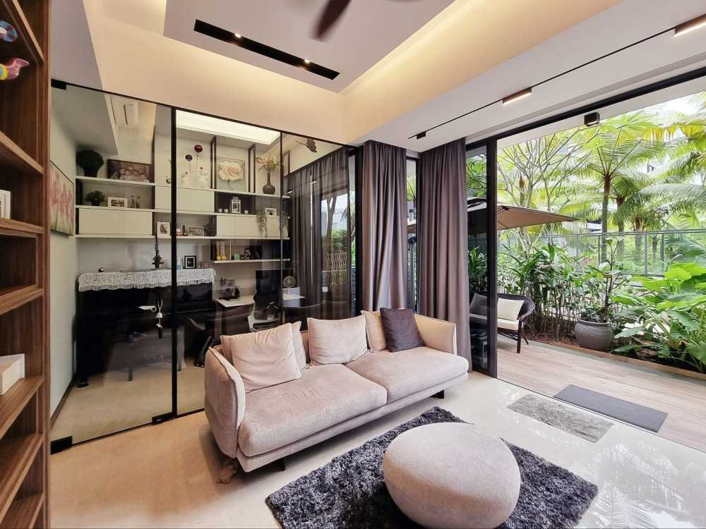 Modern Living Room with Glass Door and Paintings
