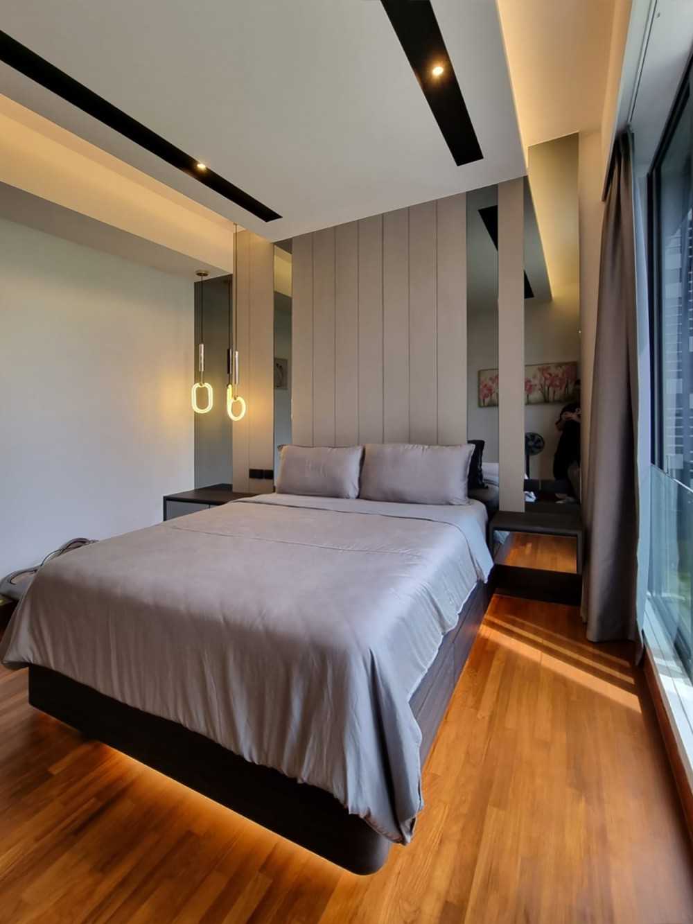 Modern Bedroom with Bedside Table and Paintings