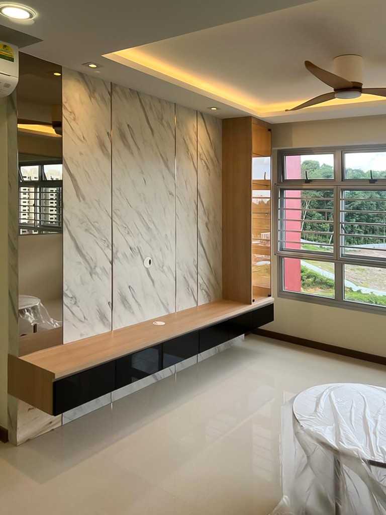 Scandinavian Living Room with TV Console and Feature Wall