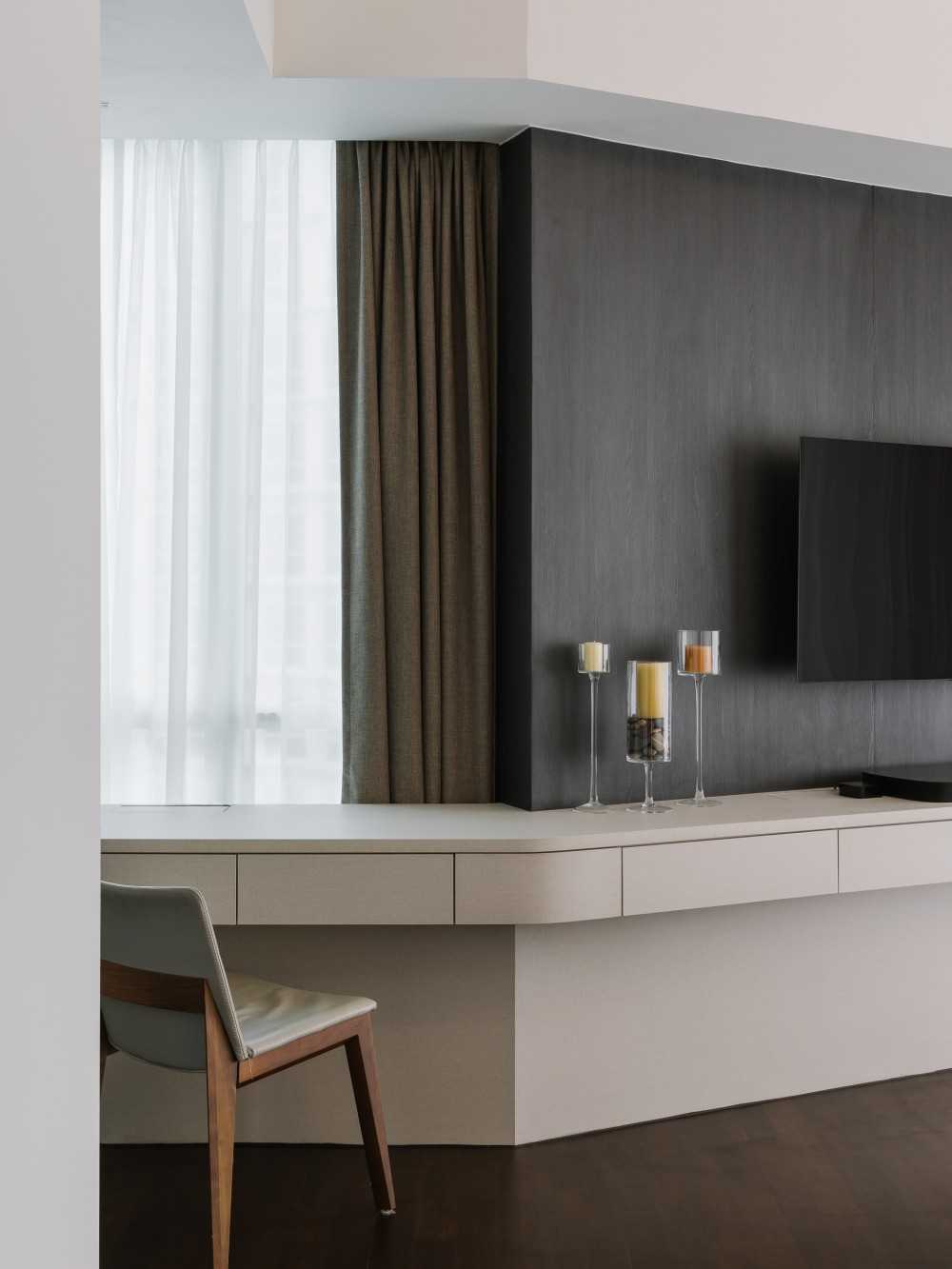 Contemporary Bedroom with TV Console and Bay Window