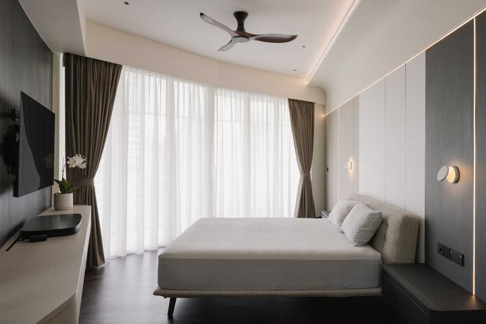 Contemporary Bedroom with Wood Flooring and Ceiling Fan