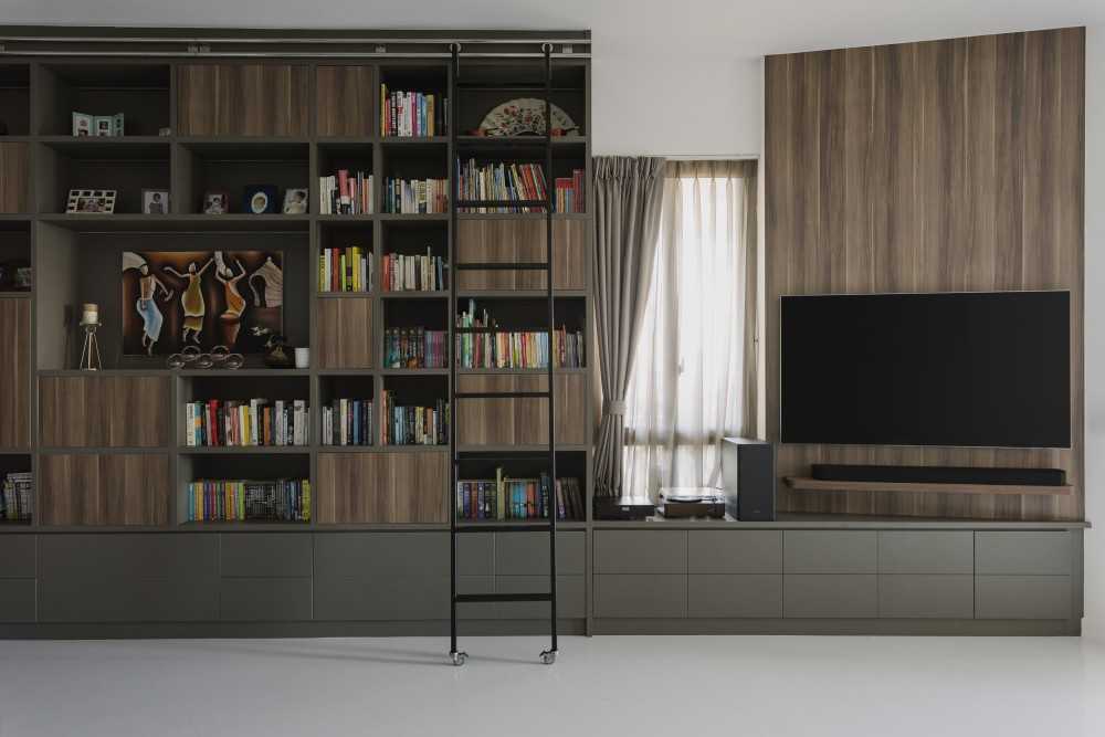 Modern Living Room with Bookshelf and TV Console