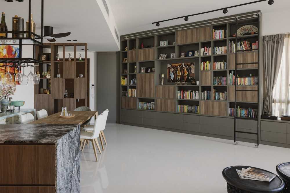 Modern Living Room with Bookshelf and Feature Wall