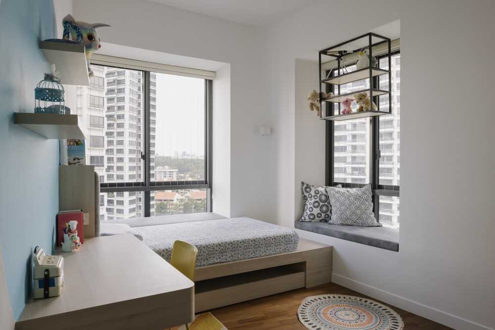 Modern Bedroom with Bay Window and Roller Blinds