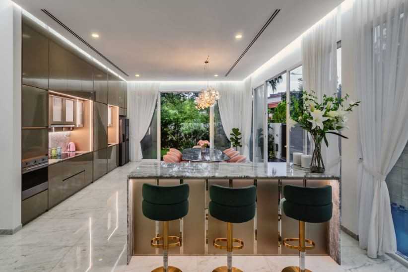 Modern Dining Room with Kitchen Island and Ceiling Light