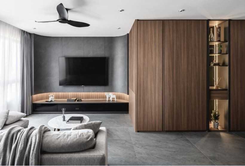 Contemporary Living Room with TV Console and Feature Wall