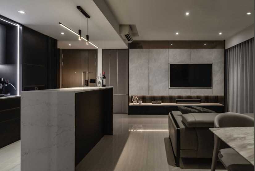 Contemporary Living Room with TV Console and Feature Wall