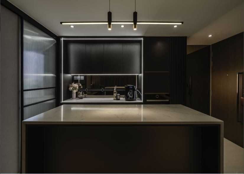 Contemporary Pantry with Kitchen Island and Console Table
