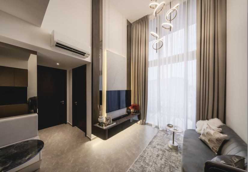 Contemporary Living Room with TV Console and Drop Ceiling