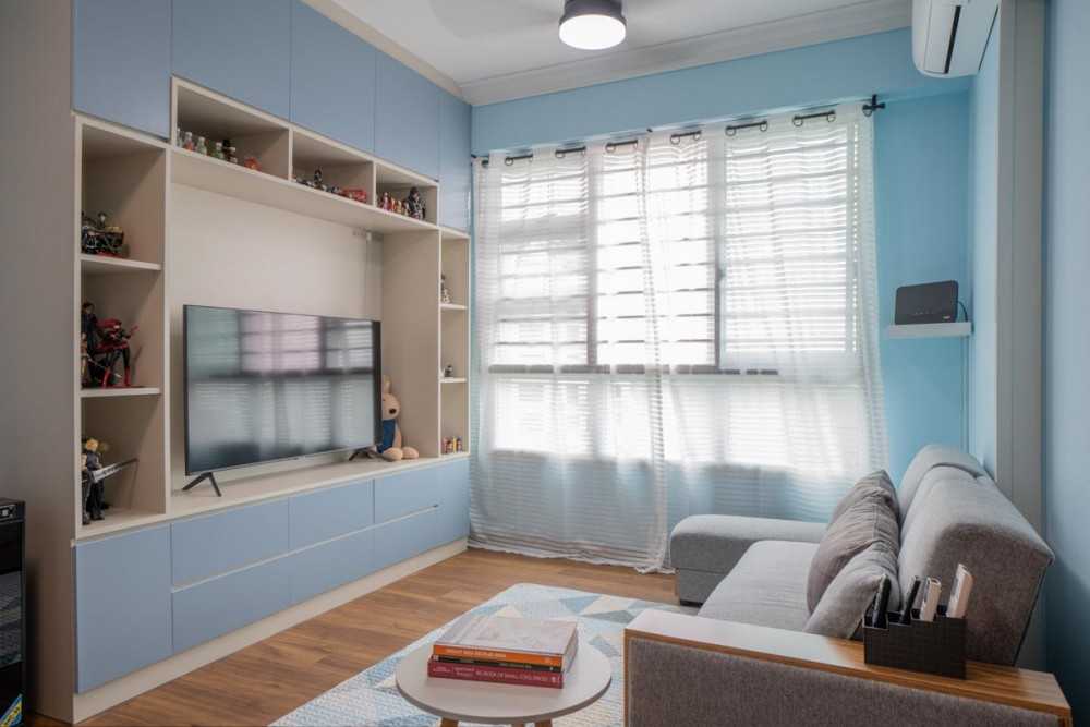 Minimalist Living Room with Wood Flooring and TV Console