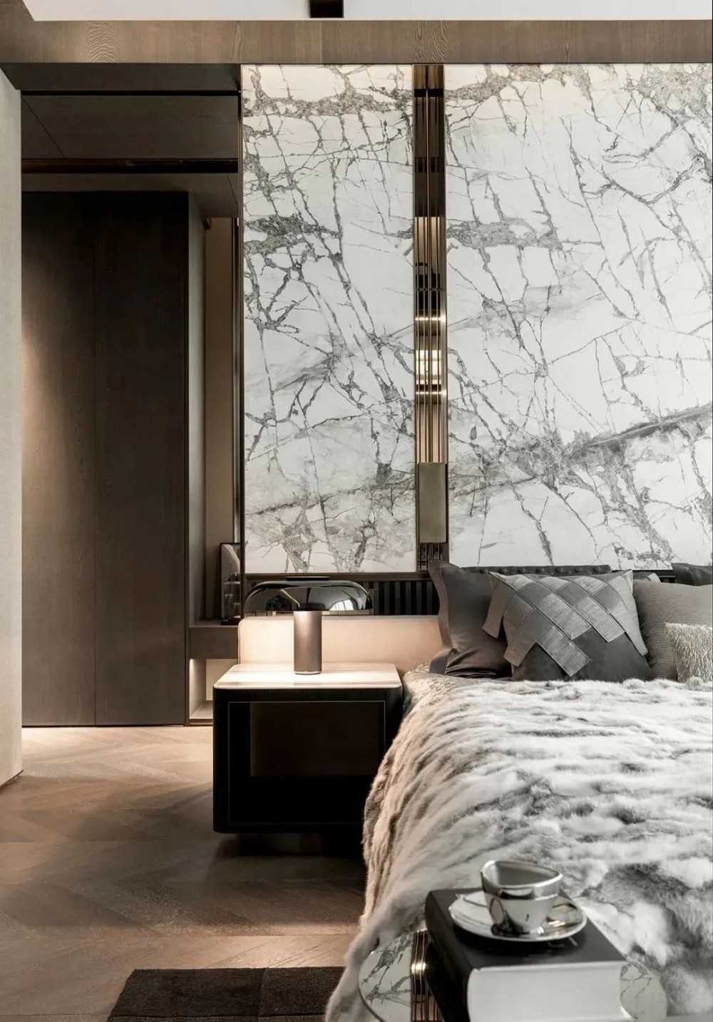 Contemporary Bedroom with Herringbone Tiling and Drop Light