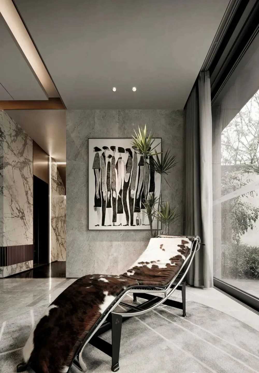 Contemporary Living Room with Homogeneous Tiles and Feature Wall