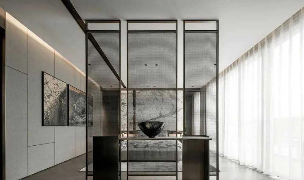 Contemporary Bedroom with Herringbone Tiling and Drop Ceiling