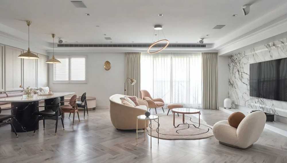 Contemporary Dining Room with Herringbone Tiling and Feature Wall