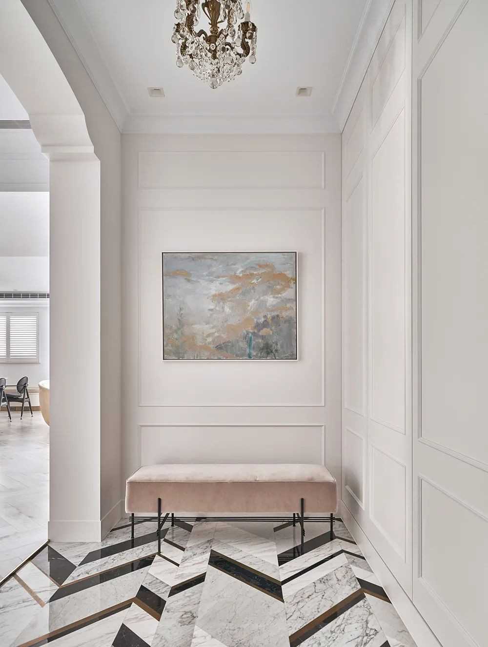 Contemporary Foyer with Herringbone Tiling and Marble Floor