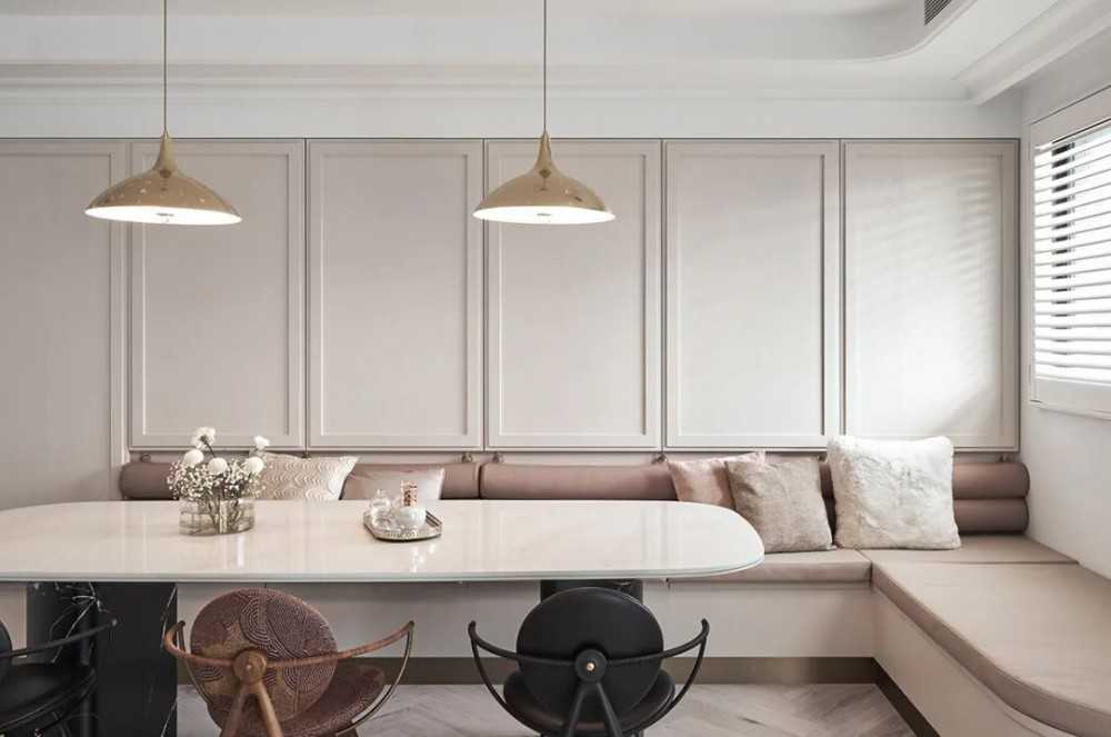 Contemporary Dining Room with Settee and Herringbone Tiling