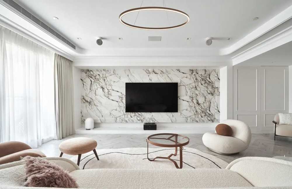 Contemporary Living Room with Herringbone Tiling and Feature Wall