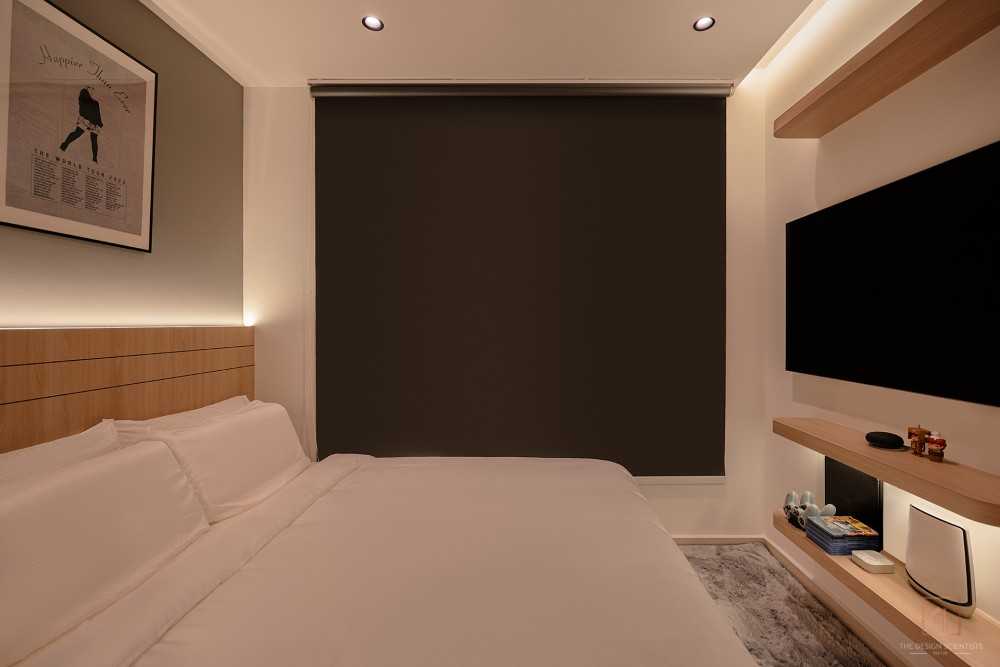 Contemporary Bedroom with TV Console and Cove Lighting